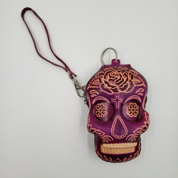 Sugar Skull Leather Wristlet Small Purple Coin Purse Keychain Calavera Wallet - Picture 15 of 16
